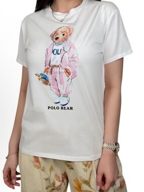 Polo Bear Graphic Tee - White with Pink Bear